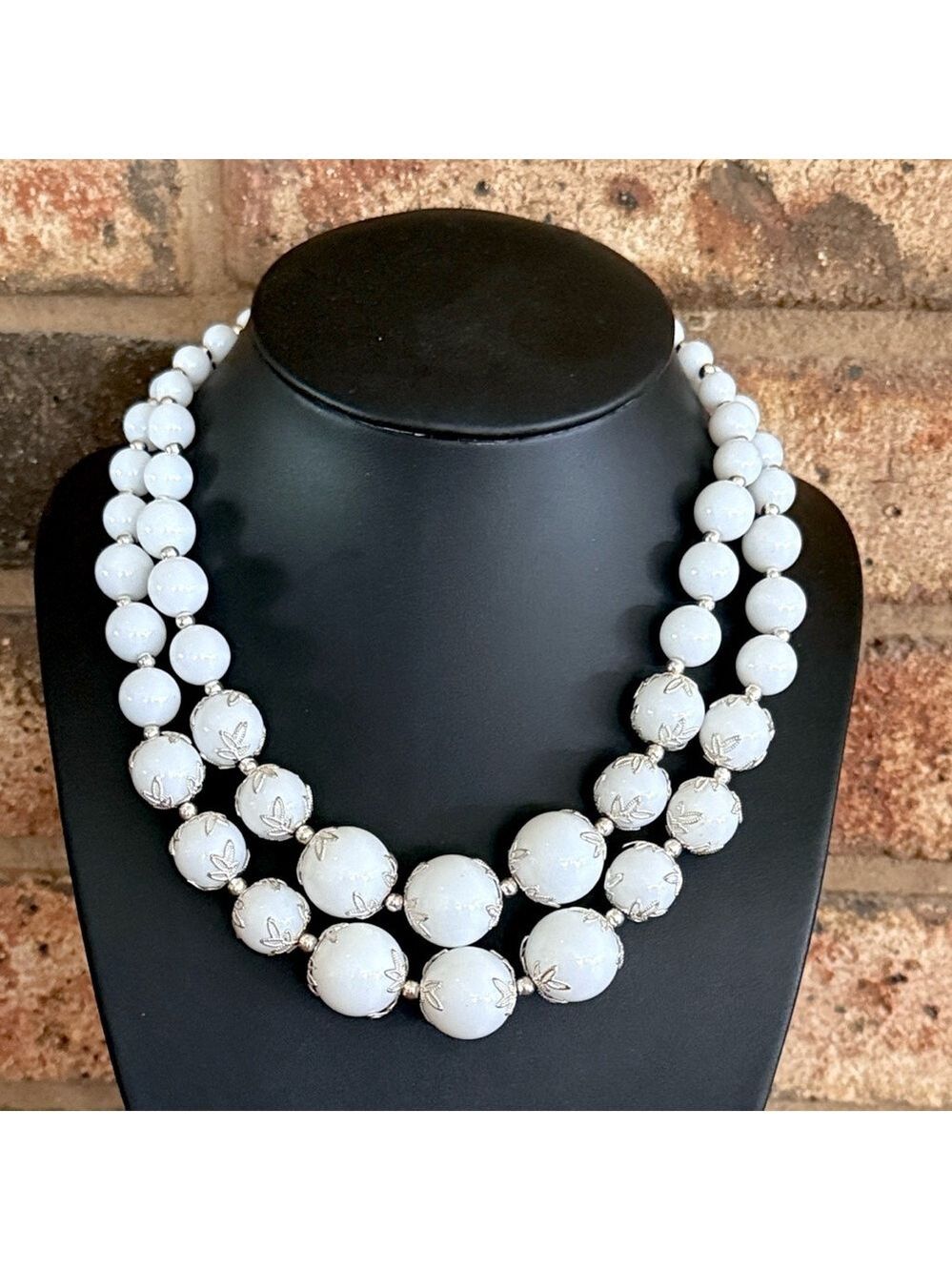 White lucite beaded with silver tone filagree caps double stranded necklace